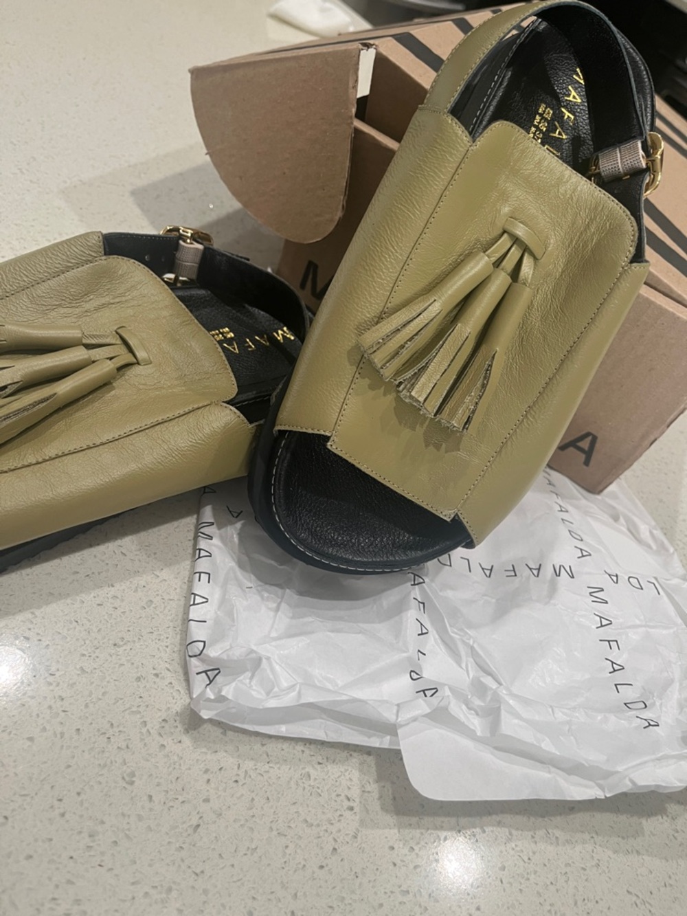 MAFALDA Olive Green Leather Tassel Slide Sandal - Picture 6 of 6